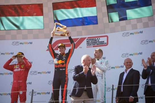 The podium (L to R): Charles Leclerc (MON) Ferrari, second; Max Verstappen (NLD) Red Bull Racing, race winner; Valtteri Bottas (FIN) Mercedes AMG F1, third.
30.06.2019 Formula 1 World Championship, Rd 9, Austrian Grand Prix, Spielberg, Austria, Race Day.
- www.xpbimages.com, EMail: requests@xpbimages.com - copy of publication required for printed pictures. Every used picture is fee-liable. © Copyright: Bearne / XPB Images