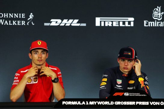 (L to R): Charles Leclerc (MON) Ferrari and Max Verstappen (NLD) Red Bull Racing in the post race FIA Press Conference.
30.06.2019 Formula 1 World Championship, Rd 9, Austrian Grand Prix, Spielberg, Austria, Race Day.
- www.xpbimages.com, EMail: requests@xpbimages.com - copy of publication required for printed pictures. Every used picture is fee-liable. © Copyright: Moy / XPB Images