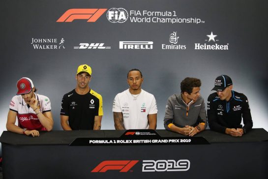 Antonio Giovinazzi (ITA), Alfa Romeo Racing, Daniel Ricciardo (AUS), Renault F1 Team, Lewis Hamilton (GBR), Mercedes AMG F1, Lando Norris (GBR), McLaren F1 Team and George Russell (GBR), Williams F1 Team 
11.07.2019. Formula 1 World Championship, Rd 10, British Grand Prix, Silverstone, England, Preparation Day.
- www.xpbimages.com, EMail: requests@xpbimages.com - copy of publication required for printed pictures. Every used picture is fee-liable. © Copyright: Charniaux / XPB Images