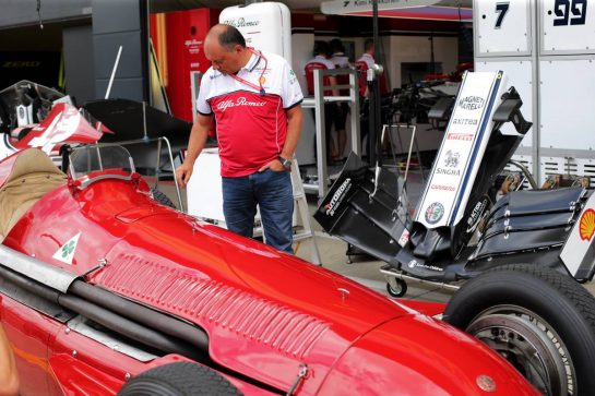 Frederic Vasseur (FRA) Alfa Romeo Racing Team Principal with a histopric Alfa Romeo racing car.
11.07.2019. Formula 1 World Championship, Rd 10, British Grand Prix, Silverstone, England, Preparation Day.
- www.xpbimages.com, EMail: requests@xpbimages.com - copy of publication required for printed pictures. Every used picture is fee-liable. © Copyright: Bearne / XPB Images