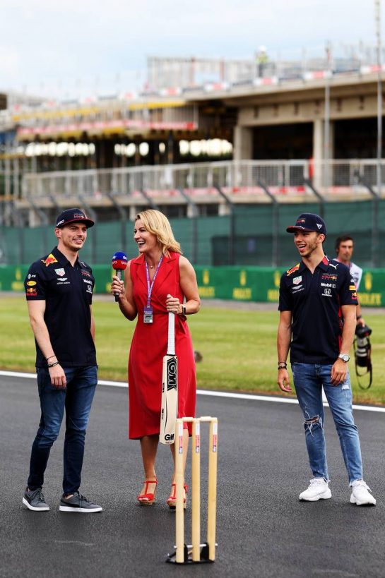 (L to R): Max Verstappen (NLD) Red Bull Racing with Rachel Brookes (GBR) Sky Sports F1 Reporter and Pierre Gasly (FRA) Red Bull Racing.
11.07.2019. Formula 1 World Championship, Rd 10, British Grand Prix, Silverstone, England, Preparation Day.
- www.xpbimages.com, EMail: requests@xpbimages.com - copy of publication required for printed pictures. Every used picture is fee-liable. © Copyright: Moy / XPB Images