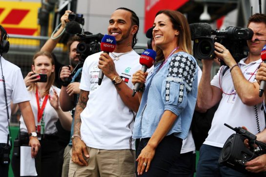 Lewis Hamilton (GBR) Mercedes AMG F1 with Natalie Pinkham (GBR) Sky Sports Presenter.
11.07.2019. Formula 1 World Championship, Rd 10, British Grand Prix, Silverstone, England, Preparation Day.
- www.xpbimages.com, EMail: requests@xpbimages.com - copy of publication required for printed pictures. Every used picture is fee-liable. © Copyright: Moy / XPB Images