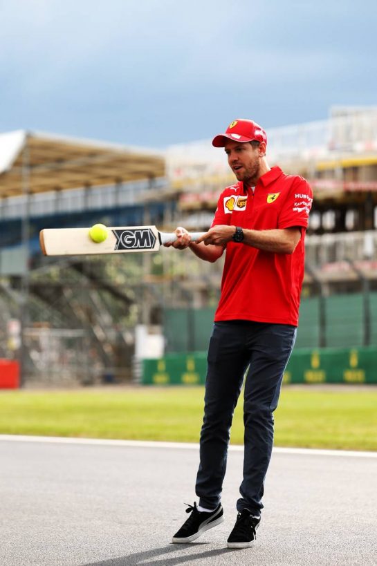 Sebastian Vettel (GER) Ferrari plays cricket.
11.07.2019. Formula 1 World Championship, Rd 10, British Grand Prix, Silverstone, England, Preparation Day.
- www.xpbimages.com, EMail: requests@xpbimages.com - copy of publication required for printed pictures. Every used picture is fee-liable. © Copyright: Moy / XPB Images