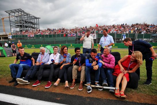 (L to R): Daniil Kvyat (RUS) Scuderia Toro Rosso; Damon Hill (GBR) Sky Sports Presenter; Paul di Resta (GBR) Sky Sports F1 Presenter; Natalie Pinkham (GBR) Sky Sports Presenter; Karun Chandhok (IND) Sky Sports F1 Pitlane Reporter; alp; Johnny Herbert (GBR) Sky Sports F1 Presenter; Rachel Brookes (GBR) Sky Sports F1 Reporter; and Anthony Davidson (GBR) Sky Sports F1 Presenter.
11.07.2019. Formula 1 World Championship, Rd 10, British Grand Prix, Silverstone, England, Preparation Day.
- www.xpbimages.com, EMail: requests@xpbimages.com - copy of publication required for printed pictures. Every used picture is fee-liable. © Copyright: Moy / XPB Images
