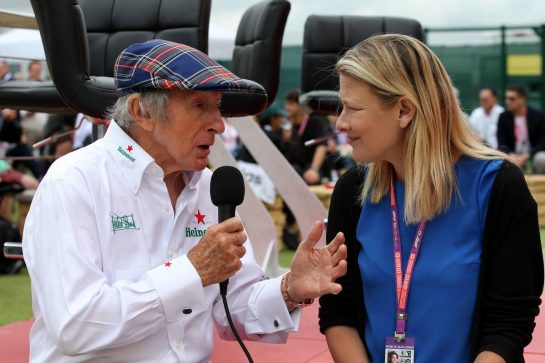 (L to R): Jackie Stewart (GBR) with Jennie Gow (GBR) BBC Radio 5 Live Pitlane Reporter.
14.07.2019. Formula 1 World Championship, Rd 10, British Grand Prix, Silverstone, England, Race Day.
- www.xpbimages.com, EMail: requests@xpbimages.com - copy of publication required for printed pictures. Every used picture is fee-liable. © Copyright: Batchelor / XPB Images