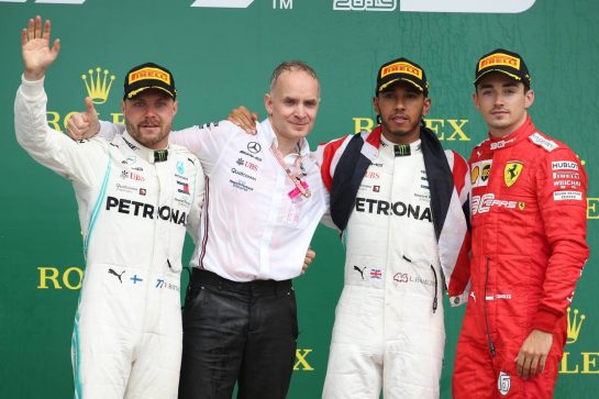 1st place Lewis Hamilton (GBR) Mercedes AMG F1 W10, 2nd place Valtteri Bottas (FIN) Mercedes AMG F1 W10 and 3rd place Charles Leclerc (MON) Ferrari SF90.
14.07.2019. Formula 1 World Championship, Rd 10, British Grand Prix, Silverstone, England, Race Day.
- www.xpbimages.com, EMail: requests@xpbimages.com - copy of publication required for printed pictures. Every used picture is fee-liable. © Copyright: Batchelor / XPB Images