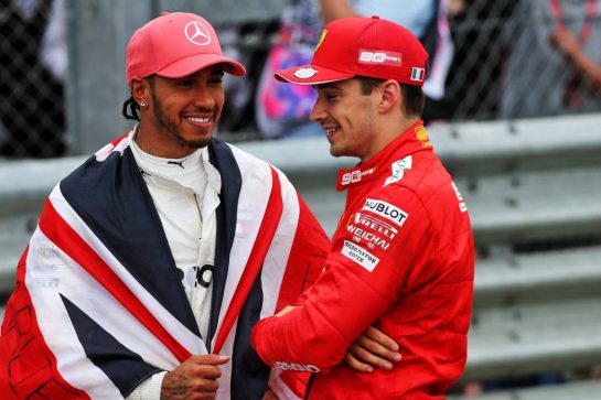 Race winner Lewis Hamilton (GBR) Mercedes AMG F1 in parc ferme with Charles Leclerc (MON) Ferrari.
14.07.2019. Formula 1 World Championship, Rd 10, British Grand Prix, Silverstone, England, Race Day.
- www.xpbimages.com, EMail: requests@xpbimages.com - copy of publication required for printed pictures. Every used picture is fee-liable. © Copyright: Moy / XPB Images