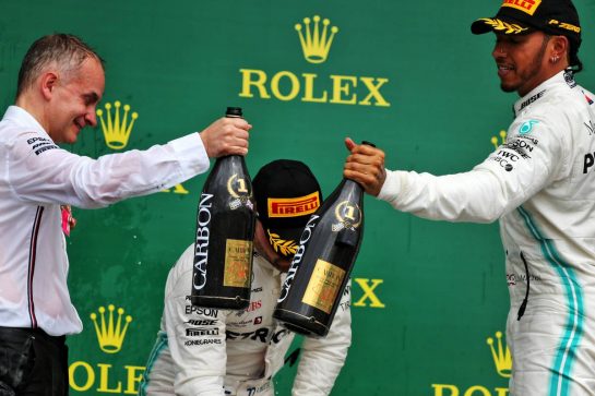 Race winner Lewis Hamilton (GBR) Mercedes AMG F1 celebrates on the podium.
14.07.2019. Formula 1 World Championship, Rd 10, British Grand Prix, Silverstone, England, Race Day.
- www.xpbimages.com, EMail: requests@xpbimages.com - copy of publication required for printed pictures. Every used picture is fee-liable. © Copyright: Moy / XPB Images