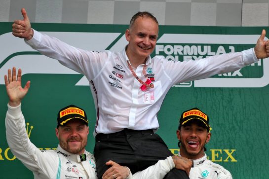 Race winner Lewis Hamilton (GBR) Mercedes AMG F1 celebrates with Valtteri Bottas (FIN) Mercedes AMG F1 on the podium.
14.07.2019. Formula 1 World Championship, Rd 10, British Grand Prix, Silverstone, England, Race Day.
- www.xpbimages.com, EMail: requests@xpbimages.com - copy of publication required for printed pictures. Every used picture is fee-liable. © Copyright: Moy / XPB Images