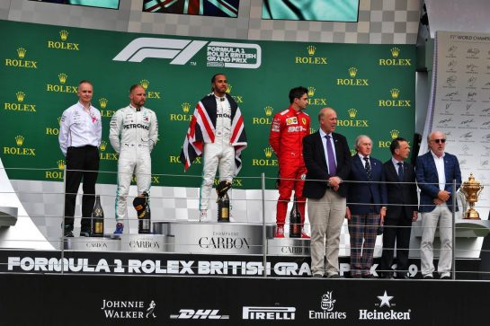 The podium (L to R): Valtteri Bottas (FIN) Mercedes AMG F1, second; Lewis Hamilton (GBR) Mercedes AMG F1, race winner; Charles Leclerc (MON) Ferrari, third.
14.07.2019. Formula 1 World Championship, Rd 10, British Grand Prix, Silverstone, England, Race Day.
- www.xpbimages.com, EMail: requests@xpbimages.com - copy of publication required for printed pictures. Every used picture is fee-liable. © Copyright: Moy / XPB Images