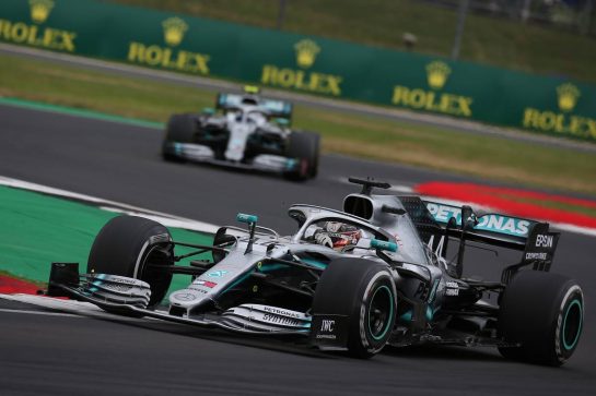 Lewis Hamilton (GBR) Mercedes AMG F1 W10 leads Valtteri Bottas (FIN) Mercedes AMG F1 W10.
14.07.2019. Formula 1 World Championship, Rd 10, British Grand Prix, Silverstone, England, Race Day.
- www.xpbimages.com, EMail: requests@xpbimages.com - copy of publication required for printed pictures. Every used picture is fee-liable. © Copyright: Batchelor / XPB Images