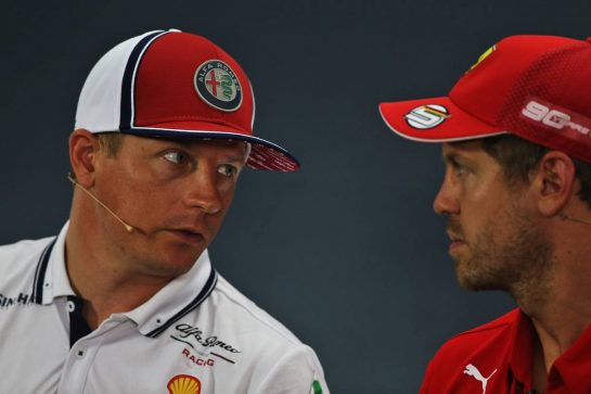 (L to R): Kimi Raikkonen (FIN) Alfa Romeo Racing and Sebastian Vettel (GER) Ferrari in the FIA Press Conference.
25.07.2019. Formula 1 World Championship, Rd 11, German Grand Prix, Hockenheim, Germany, Preparation Day.
- www.xpbimages.com, EMail: requests@xpbimages.com - copy of publication required for printed pictures. Every used picture is fee-liable. © Copyright: Moy / XPB Images