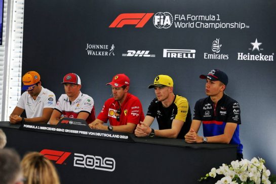 The FIA Press Conference (L to R): Carlos Sainz Jr (ESP) McLaren; Kimi Raikkonen (FIN) Alfa Romeo Racing; sbp; Nico Hulkenberg (GER) Renault F1 Team; Alexander Albon (THA) Scuderia Toro Rosso.
25.07.2019. Formula 1 World Championship, Rd 11, German Grand Prix, Hockenheim, Germany, Preparation Day.
- www.xpbimages.com, EMail: requests@xpbimages.com - copy of publication required for printed pictures. Every used picture is fee-liable. © Copyright: Moy / XPB Images