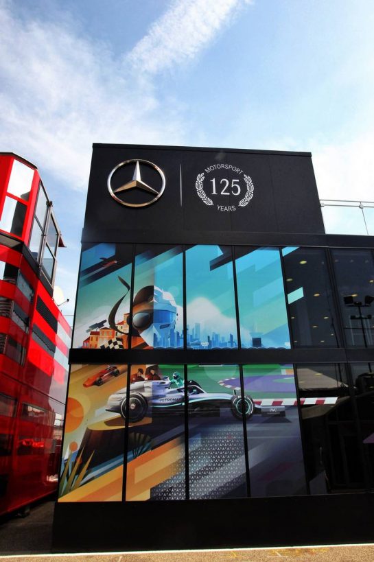 Mercedes AMG F1 motorhome celebrates 125 years of motorsport.
25.07.2019. Formula 1 World Championship, Rd 11, German Grand Prix, Hockenheim, Germany, Preparation Day.
- www.xpbimages.com, EMail: requests@xpbimages.com - copy of publication required for printed pictures. Every used picture is fee-liable. © Copyright: Photo4 / XPB Images