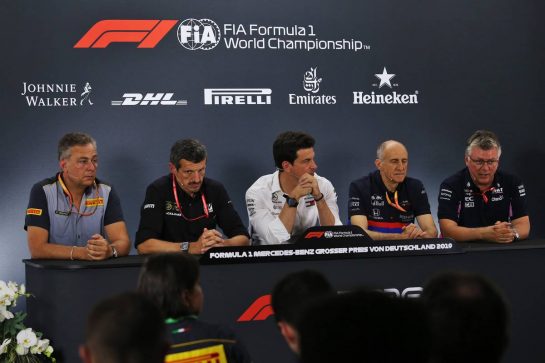 The FIA Press Conference (L to R): Mario Isola (ITA) Pirelli Racing Manager; Guenther Steiner (ITA) Haas F1 Team Prinicipal; Toto Wolff (GER) Mercedes AMG F1 Shareholder and Executive Director; Franz Tost (AUT) Scuderia Toro Rosso Team Principal; Otmar Szafnauer (USA) Racing Point F1 Team Principal and CEO.
26.07.2019. Formula 1 World Championship, Rd 11, German Grand Prix, Hockenheim, Germany, Practice Day.
- www.xpbimages.com, EMail: requests@xpbimages.com - copy of publication required for printed pictures. Every used picture is fee-liable. © Copyright: Moy / XPB Images