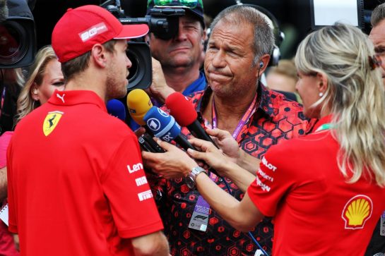 Sebastian Vettel (GER) Ferrari with Kai Ebel (GER) RTL TV Presenter.
27.07.2019. Formula 1 World Championship, Rd 11, German Grand Prix, Hockenheim, Germany, Qualifying Day.
- www.xpbimages.com, EMail: requests@xpbimages.com - copy of publication required for printed pictures. Every used picture is fee-liable. © Copyright: Batchelor / XPB Images