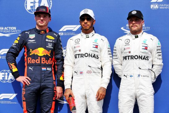 Qualifying top three in parc ferme (L to R): Max Verstappen (NLD) Red Bull Racing, second; Lewis Hamilton (GBR) Mercedes AMG F1, pole position; Valtteri Bottas (FIN) Mercedes AMG F1, third.
27.07.2019. Formula 1 World Championship, Rd 11, German Grand Prix, Hockenheim, Germany, Qualifying Day.
- www.xpbimages.com, EMail: requests@xpbimages.com - copy of publication required for printed pictures. Every used picture is fee-liable. © Copyright: Batchelor / XPB Images