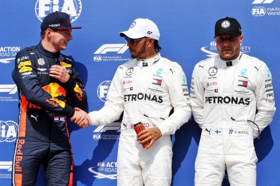 Qualifying top three in parc ferme (L to R): Max Verstappen (NLD) Red Bull Racing, second; Lewis Hamilton (GBR) Mercedes AMG F1, pole position; Valtteri Bottas (FIN) Mercedes AMG F1, third.
27.07.2019. Formula 1 World Championship, Rd 11, German Grand Prix, Hockenheim, Germany, Qualifying Day.
- www.xpbimages.com, EMail: requests@xpbimages.com - copy of publication required for printed pictures. Every used picture is fee-liable. © Copyright: Batchelor / XPB Images