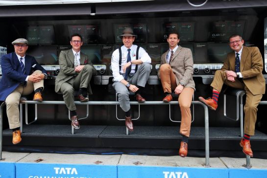 (L to R): Ron Meadows (GBR) Mercedes GP Team Manager; Andrew Shovlin (GBR) Mercedes AMG F1 Engineer; Toto Wolff (GER) Mercedes AMG F1 Shareholder and Executive Director;  wear vintage clothing to celebrate 125 years in motorsport.
28.07.2019. Formula 1 World Championship, Rd 11, German Grand Prix, Hockenheim, Germany, Race Day.
- www.xpbimages.com, EMail: requests@xpbimages.com - copy of publication required for printed pictures. Every used picture is fee-liable. © Copyright: Moy / XPB Images