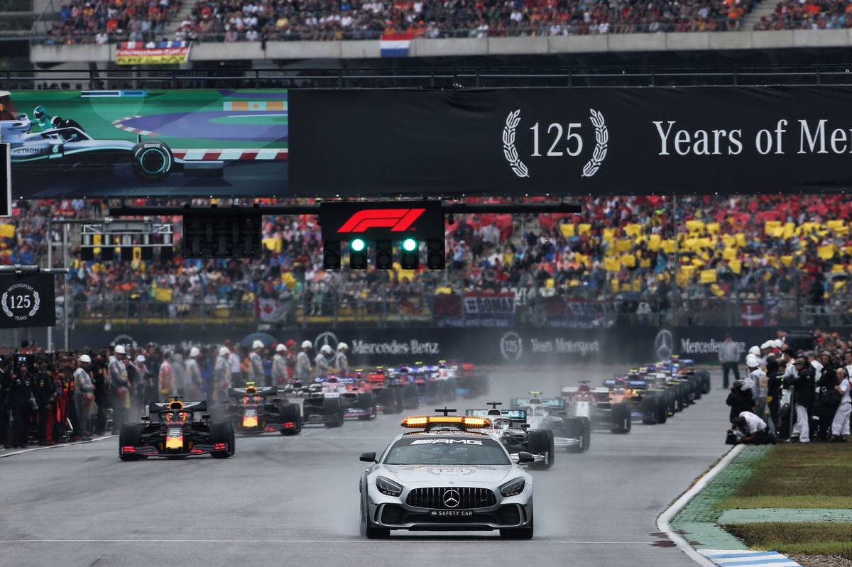 Lewis Hamilton (GBR) Mercedes AMG F1 W10 leads behind the FIA Safety Car.