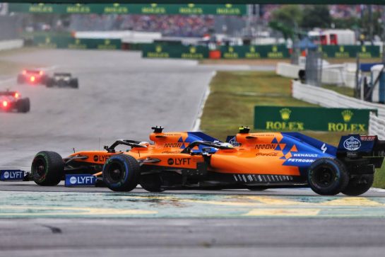 Carlos Sainz Jr (ESP) McLaren MCL34 and Lando Norris (GBR) McLaren MCL34 battle for position.
28.07.2019. Formula 1 World Championship, Rd 11, German Grand Prix, Hockenheim, Germany, Race Day.
- www.xpbimages.com, EMail: requests@xpbimages.com - copy of publication required for printed pictures. Every used picture is fee-liable. © Copyright: Moy / XPB Images