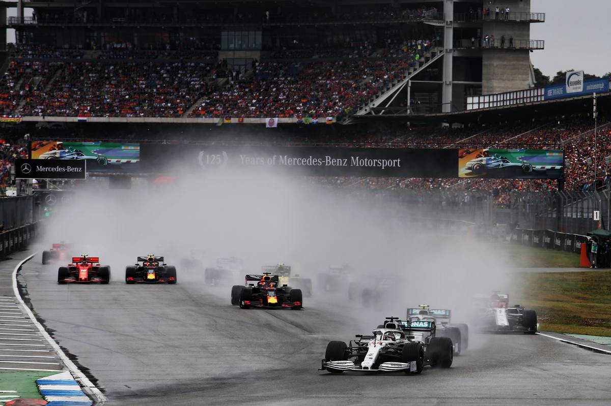 Lewis Hamilton (GBR) Mercedes AMG F1 W10 leads at the start of the race.