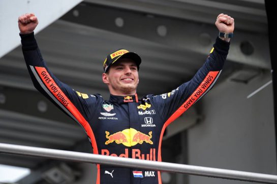 Race winner Max Verstappen (NLD) Red Bull Racing celebrates on the podium.
28.07.2019. Formula 1 World Championship, Rd 11, German Grand Prix, Hockenheim, Germany, Race Day.
 - www.xpbimages.com, EMail: requests@xpbimages.com - copy of publication required for printed pictures. Every used picture is fee-liable. © Copyright: Bearne / XPB Images