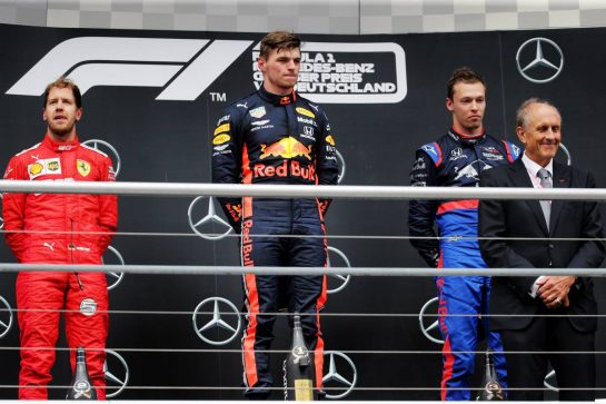 The podium (L to R): Sebastian Vettel (GER) Ferrari, second; Max Verstappen (NLD) Red Bull Racing, race winner; Daniil Kvyat (RUS) Scuderia Toro Rosso, third.
28.07.2019. Formula 1 World Championship, Rd 11, German Grand Prix, Hockenheim, Germany, Race Day.
 - www.xpbimages.com, EMail: requests@xpbimages.com - copy of publication required for printed pictures. Every used picture is fee-liable. © Copyright: Bearne / XPB Images