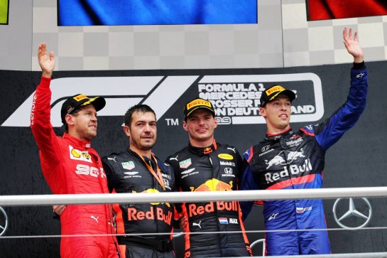 The podium (L to R): Sebastian Vettel (GER) Ferrari, second; Max Verstappen (NLD) Red Bull Racing, race winner; Daniil Kvyat (RUS) Scuderia Toro Rosso, third.
28.07.2019. Formula 1 World Championship, Rd 11, German Grand Prix, Hockenheim, Germany, Race Day.
- www.xpbimages.com, EMail: requests@xpbimages.com - copy of publication required for printed pictures. Every used picture is fee-liable. © Copyright: Bearne / XPB Images
