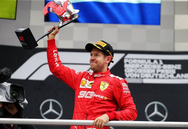 Sebastian Vettel (GER) Ferrari celebrates his second position on the podium. 28.07.2019.