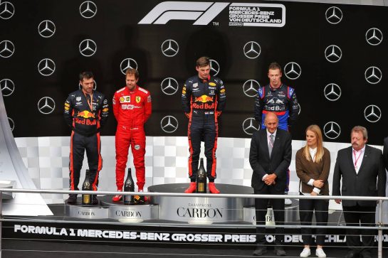 The podium (L to R): Sebastian Vettel (GER) Ferrari, second; Max Verstappen (NLD) Red Bull Racing, race winner; Daniil Kvyat (RUS) Scuderia Toro Rosso, third.
28.07.2019. Formula 1 World Championship, Rd 11, German Grand Prix, Hockenheim, Germany, Race Day.
- www.xpbimages.com, EMail: requests@xpbimages.com - copy of publication required for printed pictures. Every used picture is fee-liable. © Copyright: Moy / XPB Images