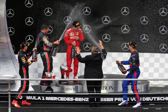 Race winner Max Verstappen (NLD) Red Bull Racing celebrates on the podium with Sebastian Vettel (GER) Ferrari and Daniil Kvyat (RUS) Scuderia Toro Rosso.
28.07.2019. Formula 1 World Championship, Rd 11, German Grand Prix, Hockenheim, Germany, Race Day.
- www.xpbimages.com, EMail: requests@xpbimages.com - copy of publication required for printed pictures. Every used picture is fee-liable. © Copyright: Moy / XPB Images