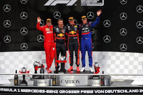 The podium (L to R): Sebastian Vettel (GER) Ferrari, second; Max Verstappen (NLD) Red Bull Racing, race winner; Daniil Kvyat (RUS) Scuderia Toro Rosso, third.
28.07.2019. Formula 1 World Championship, Rd 11, German Grand Prix, Hockenheim, Germany, Race Day.
- www.xpbimages.com, EMail: requests@xpbimages.com - copy of publication required for printed pictures. Every used picture is fee-liable. © Copyright: Moy / XPB Images