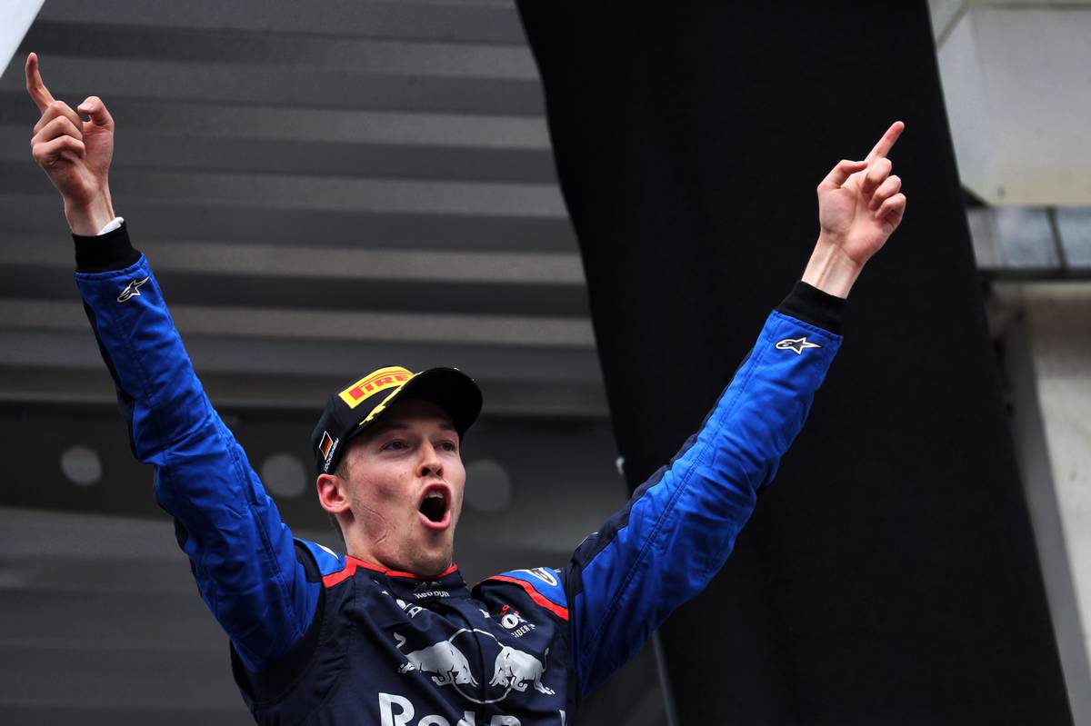 Daniil Kvyat (RUS) Scuderia Toro Rosso celebrates his third position on the podium.