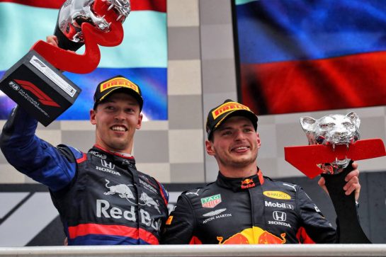 (L to R): Daniil Kvyat (RUS) Scuderia Toro Rosso celebrates his third position on the podium with race winner Max Verstappen (NLD) Red Bull Racing.
28.07.2019. Formula 1 World Championship, Rd 11, German Grand Prix, Hockenheim, Germany, Race Day.
- www.xpbimages.com, EMail: requests@xpbimages.com - copy of publication required for printed pictures. Every used picture is fee-liable. © Copyright: Photo4 / XPB Images