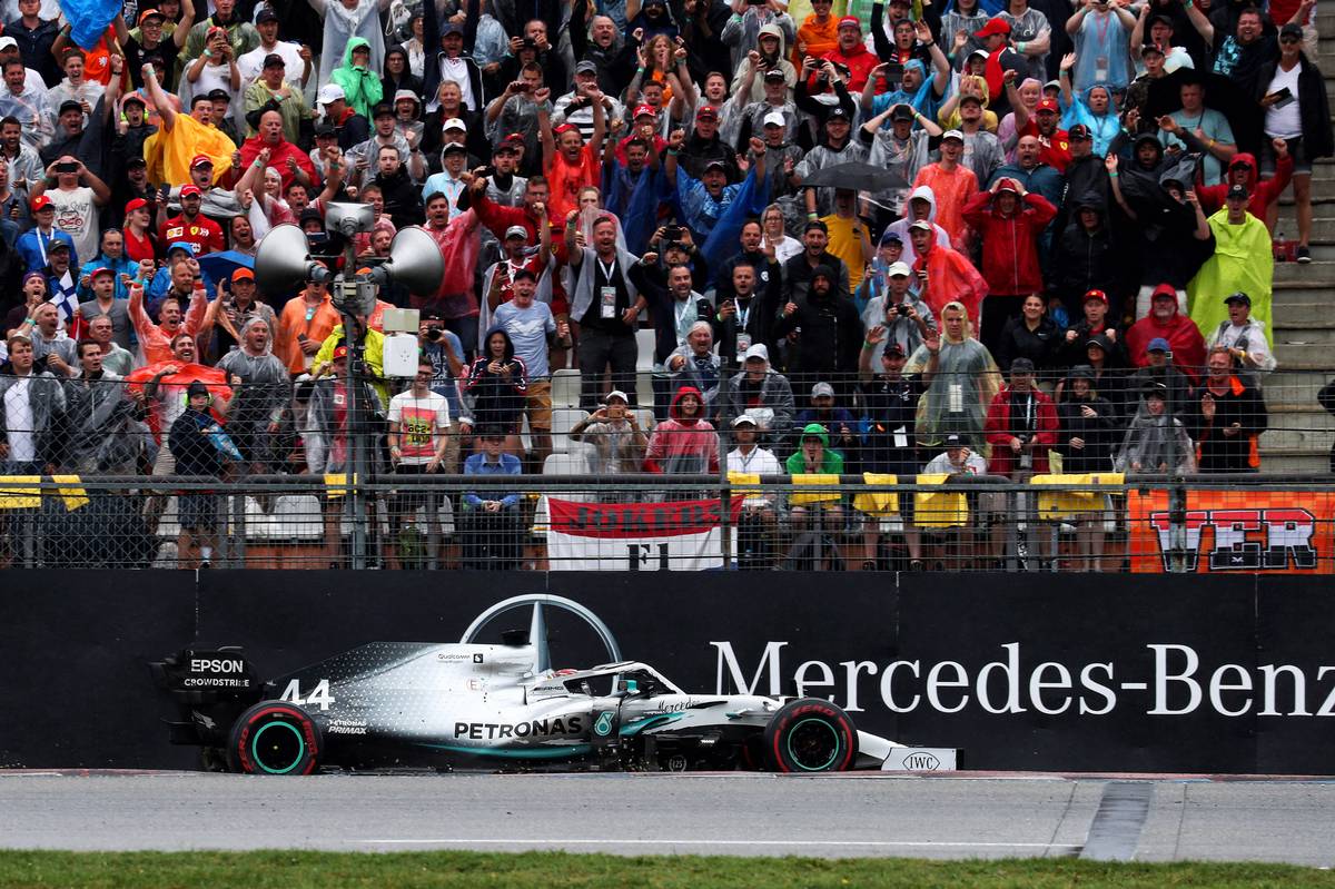 Lewis Hamilton (GBR) Mercedes AMG F1 W10 runs wide and crashes into the barrier.