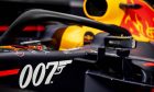 The 007 special livery of the Red Bull Racing RB15 is seen in the garage