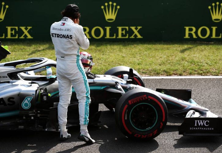 Lewis Hamilton (GBR) Mercedes AMG F1 W10 in qualifying parc ferme.