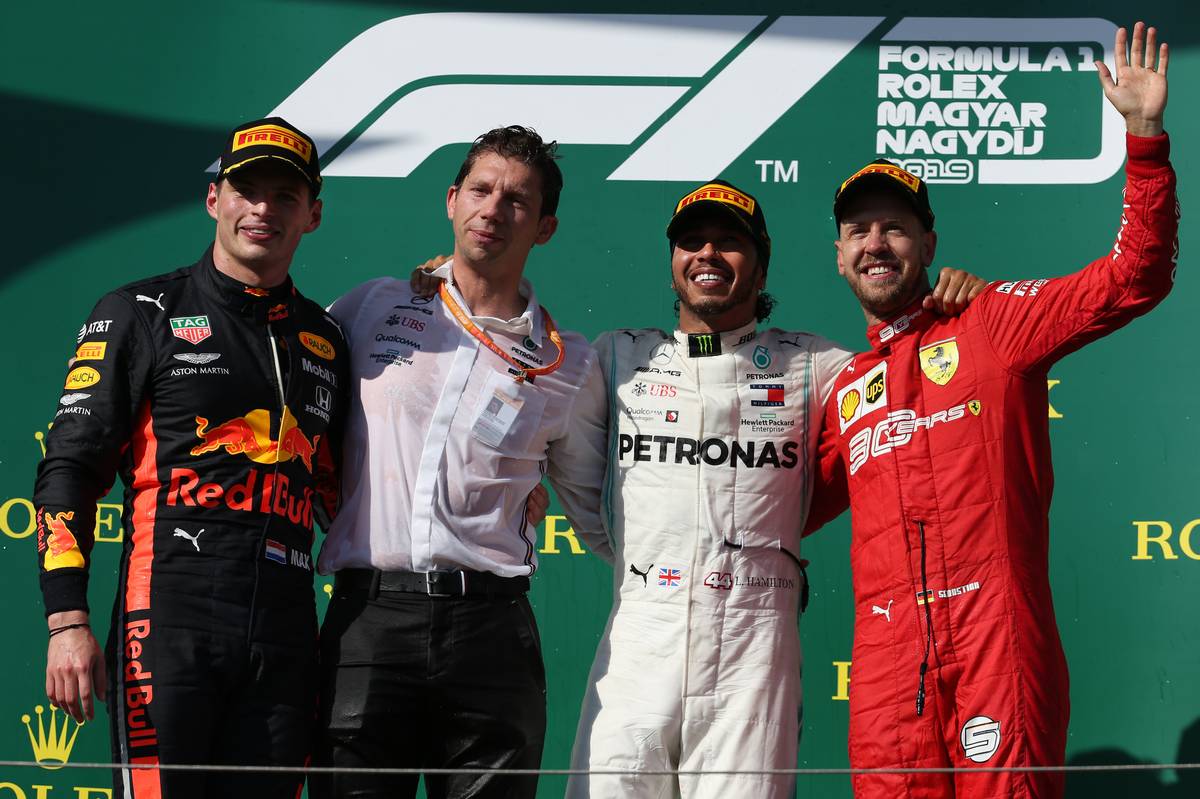 1st place Lewis Hamilton (GBR) Mercedes AMG F1 W10, 2nd place Max Verstappen (NLD) Red Bull Racing RB15 and 3rd place Sebastian Vettel (GER) Ferrari SF90.