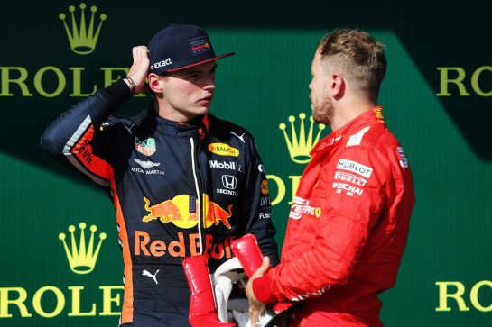 (L to R): Max Verstappen (NLD) Red Bull Racing with Sebastian Vettel (GER) Ferrari on the podium.
04.08.2019. Formula 1 World Championship, Rd 12, Hungarian Grand Prix, Budapest, Hungary, Race Day.
- www.xpbimages.com, EMail: requests@xpbimages.com - copy of publication required for printed pictures. Every used picture is fee-liable. © Copyright: Moy / XPB Images