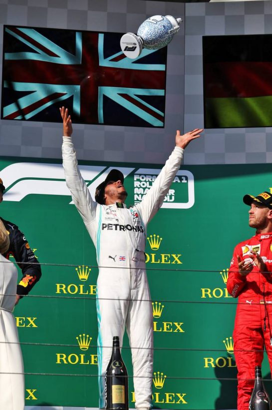 Race winner Lewis Hamilton (GBR) Mercedes AMG F1 celebrates on the podium.
04.08.2019. Formula 1 World Championship, Rd 12, Hungarian Grand Prix, Budapest, Hungary, Race Day.
- www.xpbimages.com, EMail: requests@xpbimages.com - copy of publication required for printed pictures. Every used picture is fee-liable. © Copyright: Moy / XPB Images