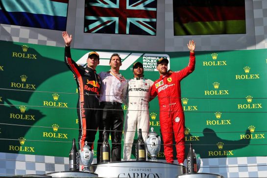 The podium (L to R): Max Verstappen (NLD) Red Bull Racing, second; James Vowles (GBR) Mercedes AMG F1 Chief Strategist; Lewis Hamilton (GBR) Mercedes AMG F1, race winner; Sebastian Vettel (GER) Ferrari, third.
04.08.2019. Formula 1 World Championship, Rd 12, Hungarian Grand Prix, Budapest, Hungary, Race Day.
- www.xpbimages.com, EMail: requests@xpbimages.com - copy of publication required for printed pictures. Every used picture is fee-liable. © Copyright: Moy / XPB Images