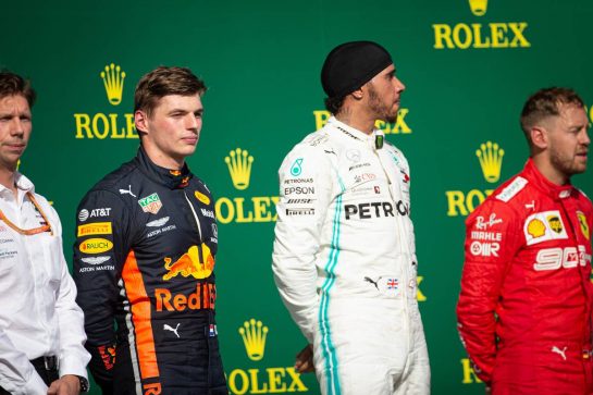 The podium (L to R): Max Verstappen (NLD) Red Bull Racing, second; Lewis Hamilton (GBR) Mercedes AMG F1, race winner; Sebastian Vettel (GER) Ferrari, third.
04.08.2019. Formula 1 World Championship, Rd 12, Hungarian Grand Prix, Budapest, Hungary, Race Day.
- www.xpbimages.com, EMail: requests@xpbimages.com - copy of publication required for printed pictures. Every used picture is fee-liable. © Copyright: Bearne / XPB Images