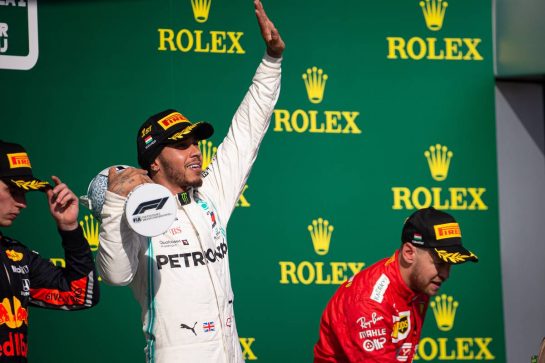 Race winner Lewis Hamilton (GBR) Mercedes AMG F1 celebrates on the podium.
04.08.2019. Formula 1 World Championship, Rd 12, Hungarian Grand Prix, Budapest, Hungary, Race Day.
 - www.xpbimages.com, EMail: requests@xpbimages.com - copy of publication required for printed pictures. Every used picture is fee-liable. © Copyright: Bearne / XPB Images