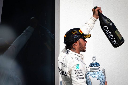 Race winner Lewis Hamilton (GBR) Mercedes AMG F1 celebrates on the podium.
04.08.2019. Formula 1 World Championship, Rd 12, Hungarian Grand Prix, Budapest, Hungary, Race Day.
 - www.xpbimages.com, EMail: requests@xpbimages.com - copy of publication required for printed pictures. Every used picture is fee-liable. © Copyright: Bearne / XPB Images