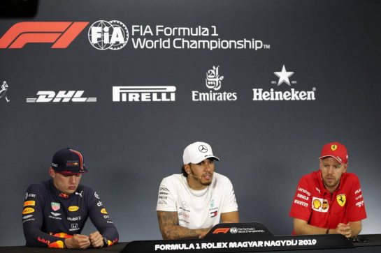 The post race FIA Press Conference (L to R): Max Verstappen (NLD) Red Bull Racing, second; Lewis Hamilton (GBR) Mercedes AMG F1, race winner; Sebastian Vettel (GER) Ferrari, third.
04.08.2019. Formula 1 World Championship, Rd 12, Hungarian Grand Prix, Budapest, Hungary, Race Day.
- www.xpbimages.com, EMail: requests@xpbimages.com - copy of publication required for printed pictures. Every used picture is fee-liable. © Copyright: Bearne / XPB Images