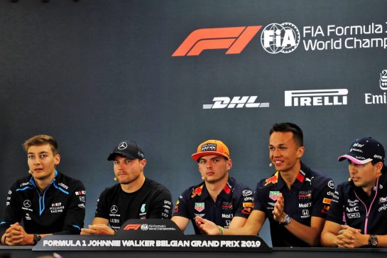 The FIA Press Conference (L to R): George Russell (GBR) Williams Racing; Valtteri Bottas (FIN) Mercedes AMG F1; Max Verstappen (NLD) Red Bull Racing; Alexander Albon (THA) Red Bull Racing; Sergio Perez (MEX) Racing Point F1 Team.
29.08.2019. Formula 1 World Championship, Rd 13, Belgian Grand Prix, Spa Francorchamps, Belgium, Preparation Day.
- www.xpbimages.com, EMail: requests@xpbimages.com - copy of publication required for printed pictures. Every used picture is fee-liable. © Copyright: Photo4 / XPB Images