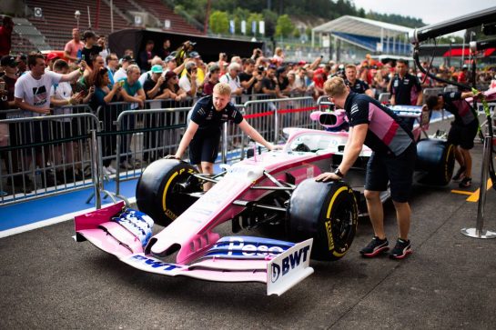 Racing Point F1 Team RP19 pushed down the pit lane.
29.08.2019. Formula 1 World Championship, Rd 13, Belgian Grand Prix, Spa Francorchamps, Belgium, Preparation Day.
- www.xpbimages.com, EMail: requests@xpbimages.com - copy of publication required for printed pictures. Every used picture is fee-liable. © Copyright: Price / XPB Images