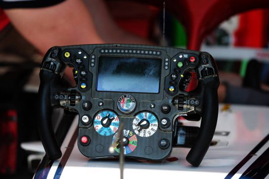Alfa Romeo Racing C38 steering wheel.
30.08.2019. Formula 1 World Championship, Rd 13, Belgian Grand Prix, Spa Francorchamps, Belgium, Practice Day.
- www.xpbimages.com, EMail: requests@xpbimages.com - copy of publication required for printed pictures. Every used picture is fee-liable. © Copyright: Photo4 / XPB Images