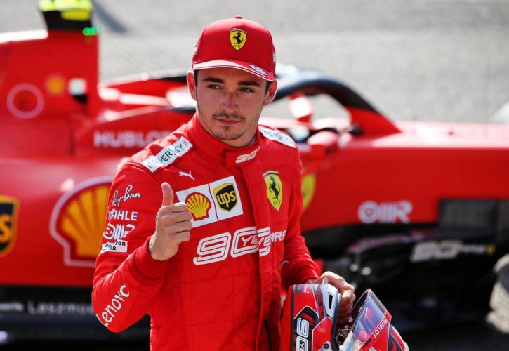 Charles Leclerc (MON) Ferrari celebrates his pole position in qualifying parc ferme.